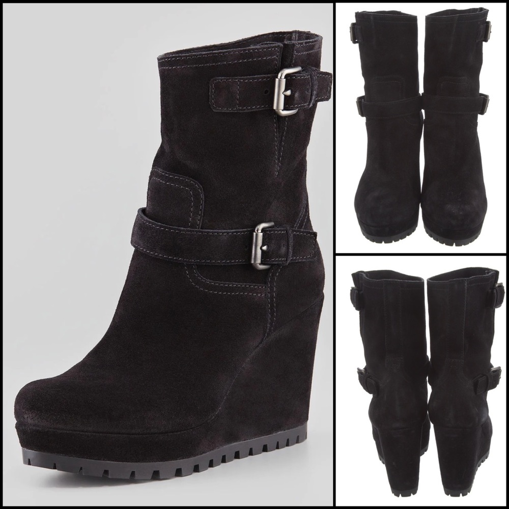 PRADA Black Suede Double Buckle Wedge Ankle Booties Boots